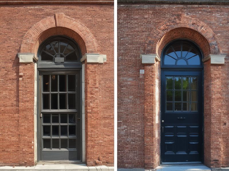 Historic brick building restoration showing professional masonry work preserving architectural heritage