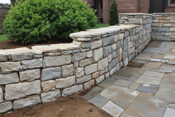 Patio and retaining wall restoration showing natural stone repair and proper drainage