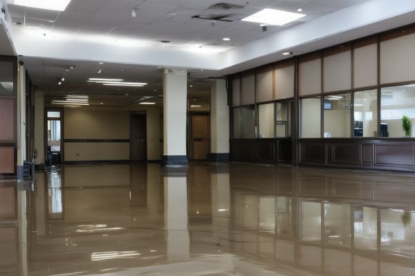 Commercial building with extensive water damage restored to professional appearance