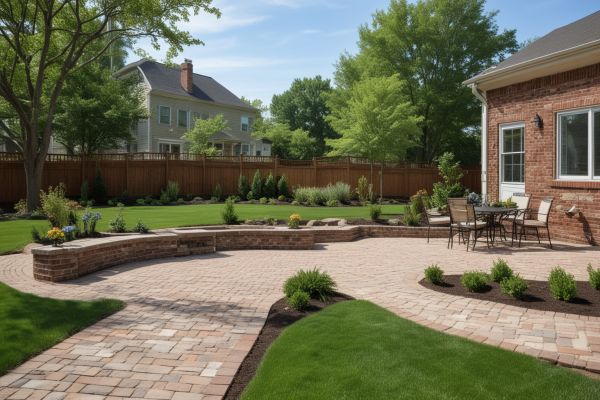 Charming brick patio with retaining walls and garden features showing landscape integration
