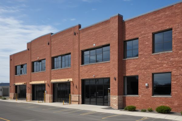 Industrial warehouse facility with durable brick construction showing commercial masonry