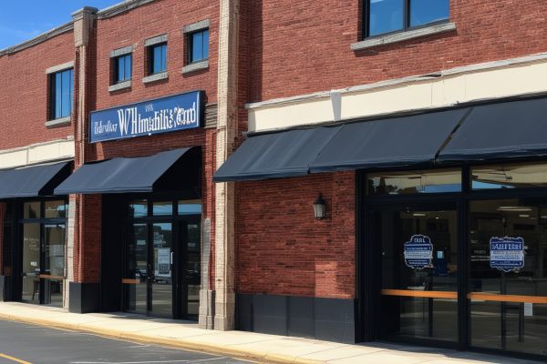 Retail shopping center with attractive brick storefront design and professional signage