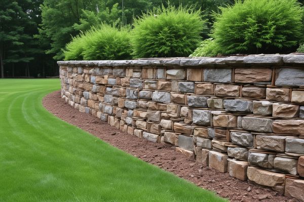 Rustic brick retaining wall with natural stone accents showing landscape integration