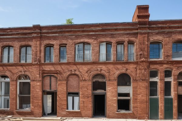 Historic brick building restoration showing professional masonry work preserving architectural heritage