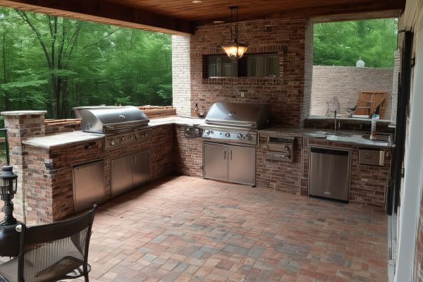Custom outdoor kitchen and patio with brick construction showing entertaining space