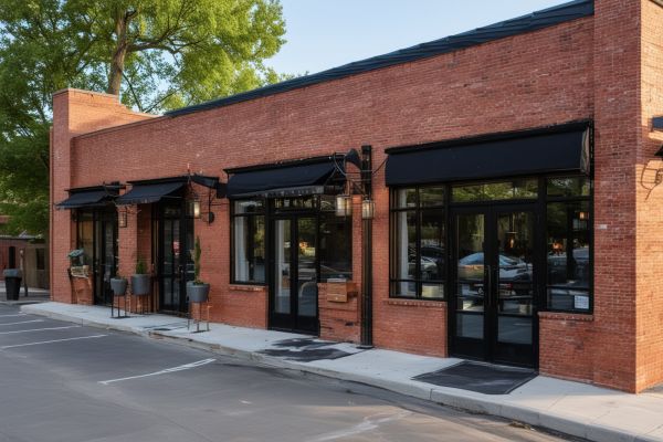 Restaurant building with attractive brick exterior and outdoor dining area